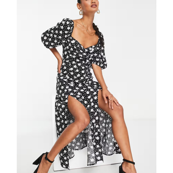 ASOS DESIGN puff sleeve ruched bust Midi split dress in floral and heart Size 4 - Picture 3 of 10